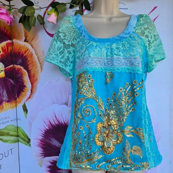 Blue Velvet and Vintage Gold Embroidered Top | Roselani Jasmin | Size Medium - Picture 6 of 8